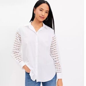 NWT Ann Taylor LOFT Eyelet Sleeve Cotton Blend Dress Shirt Small S White New Top